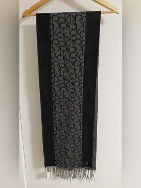 Calvin Klein Gray and Black Logo Knit Scarf